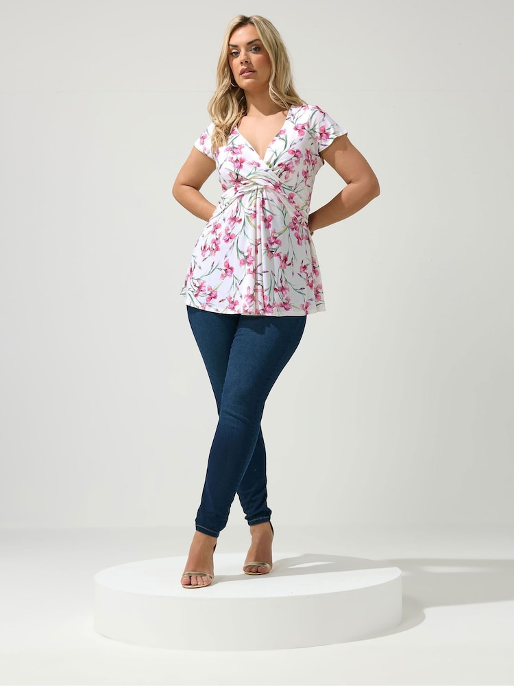 Yours Curve White London Floral Wrap Front Top - Image 2 of 5