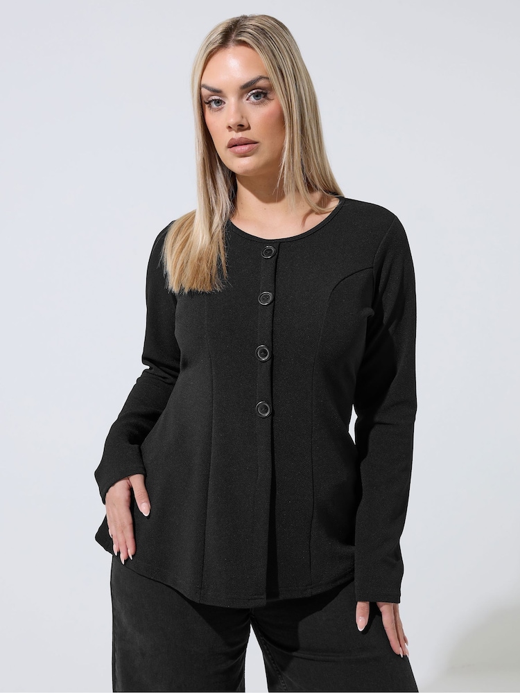 Yours Curve Black Limited Seam Detail Button Long Sleeve Top - Image 1 of 5