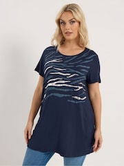 Yours Curve Blue Foil Animal Print Top - Image 1 of 5