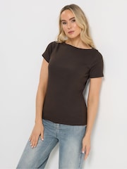 Long Tall Sally Brown Ribbed Boat Neck T-Shirt - Image 1 of 5