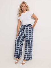 Yours Curve Blue Floral Checked Wide Leg Trousers - Image 1 of 5