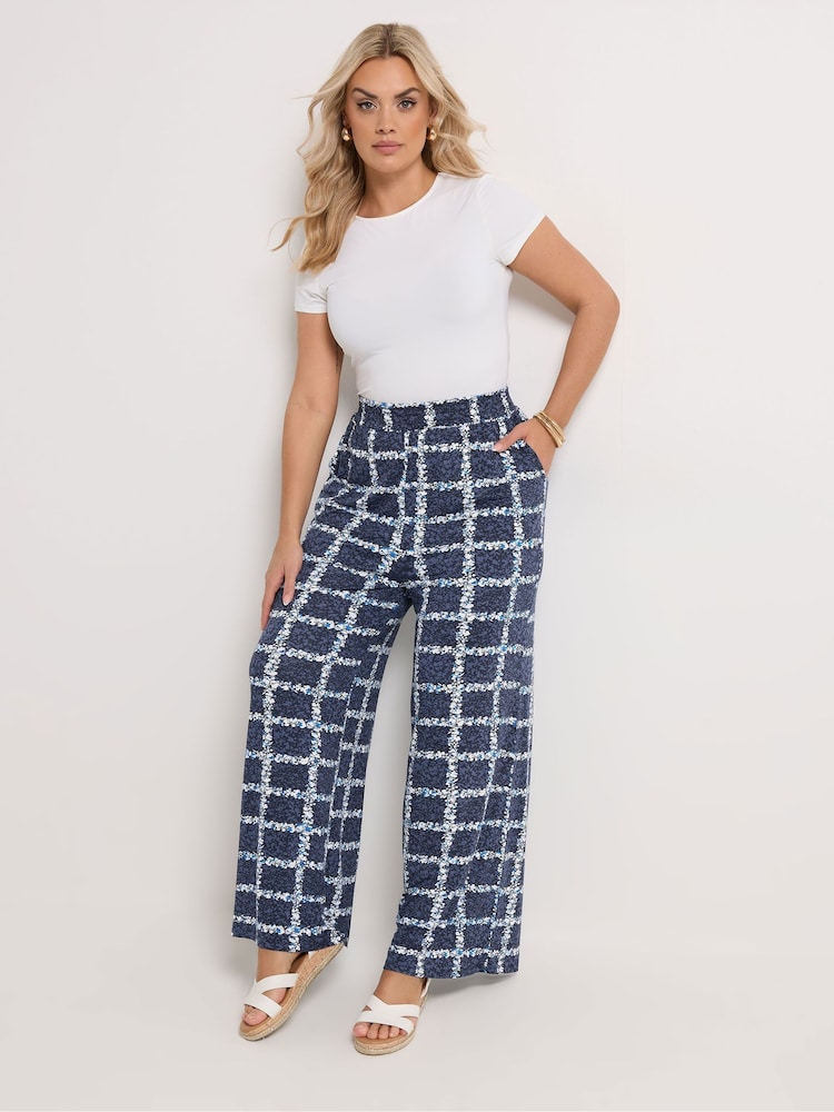 Yours Curve Blue Floral Checked Wide Leg Trousers - Image 1 of 5