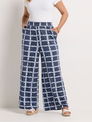 Yours Curve Blue Floral Checked Wide Leg Trousers - Image 2 of 5