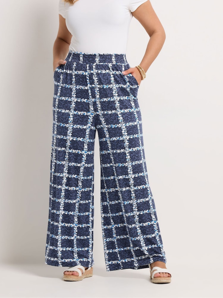 Yours Curve Blue Floral Checked Wide Leg Trousers - Image 2 of 5