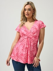 Yours Curve Pink London Abstract Butterfly Wrap Front Top - Image 1 of 5