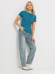 Long Tall Sally Blue Ribbed Boat Neck T-Shirt - Image 2 of 5
