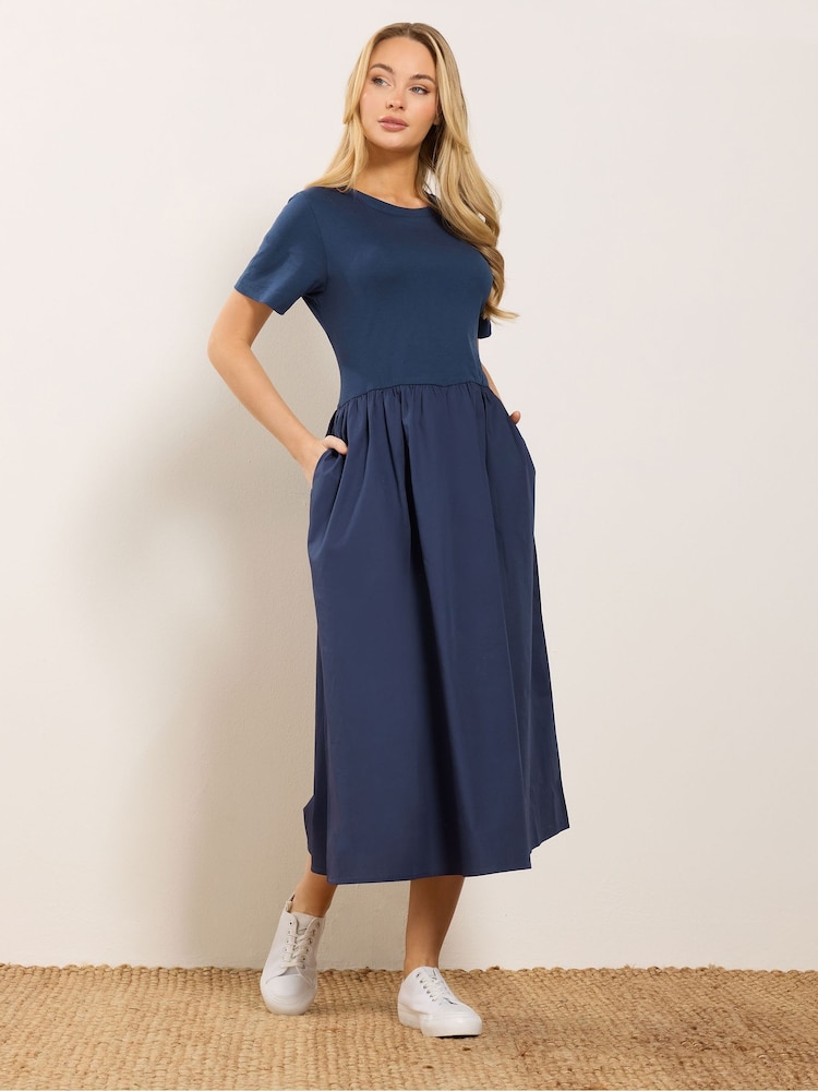 M&Co Blue Short Sleeve Jersey Woven Dress - Image 1 of 5