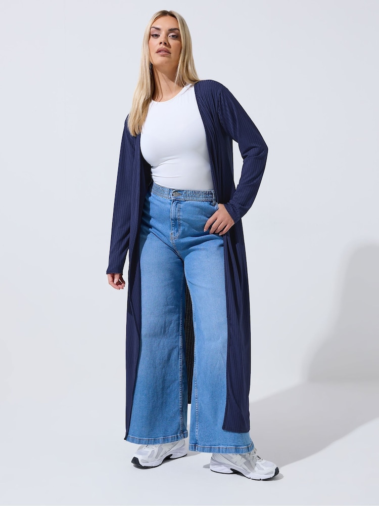 Yours Curve Blue Limited Ribbed Maxi Cardigan - Image 1 of 5 Yours Curve Blue Limited Ribbed Maxi Cardigan - Image 1 of 5