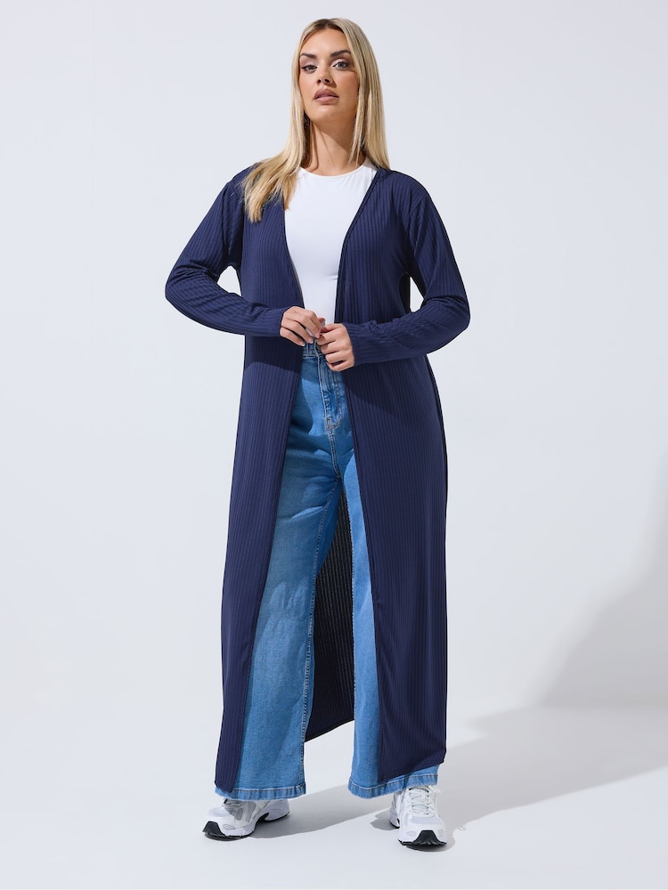 Yours Curve Blue Limited Ribbed Maxi Cardigan - Image 2 of 5 Yours Curve Blue Limited Ribbed Maxi Cardigan - Image 2 of 5