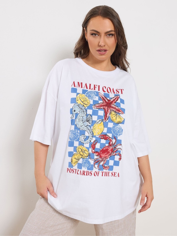 Yours Curve White Placement Print Boxy T-Shirt - Image 1 of 5 Yours Curve White Placement Print Boxy T-Shirt - Image 1 of 5