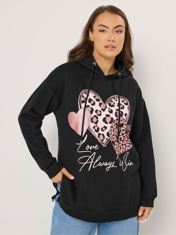 Yours Curve Black Triple Heart Leopard Hoodie - Image 1 of 6
