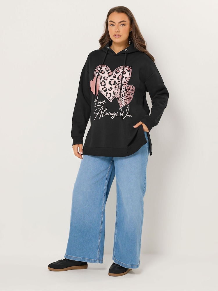 Yours Curve Black Triple Heart Leopard Hoodie - Image 2 of 6