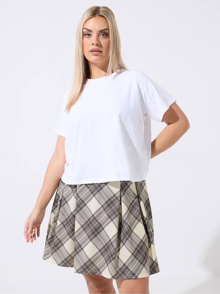 Yours Curve Natural Limited Checked Pleated Skirt - Image 1 of 5