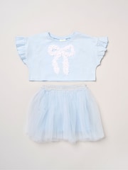 Miss Light Blue Bow Applique Short Sleeve T-Shirt And Tutu Skirt Outfit Set - Image 1 of 5