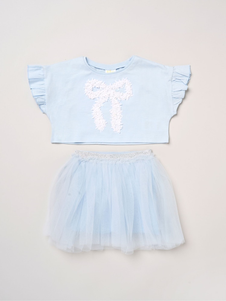 Miss Light Blue Bow Applique Short Sleeve T-Shirt And Tutu Skirt Outfit Set - Image 1 of 5 Miss Light Blue Bow Applique Short Sleeve T-Shirt And Tutu Skirt Outfit Set - Image 1 of 5