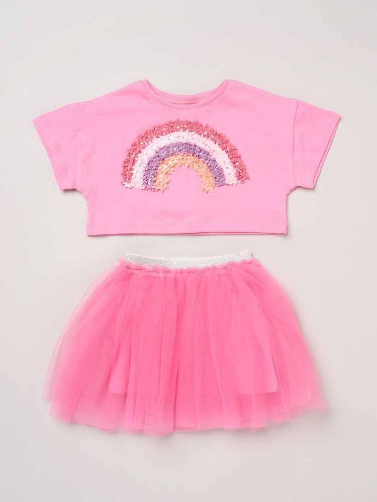 Miss Bright Pink Bow Applique Short Sleeve T-Shirt And Tutu Skirt Outfit Set - Image 1 of 4 Miss Bright Pink Bow Applique Short Sleeve T-Shirt And Tutu Skirt Outfit Set - Image 1 of 4