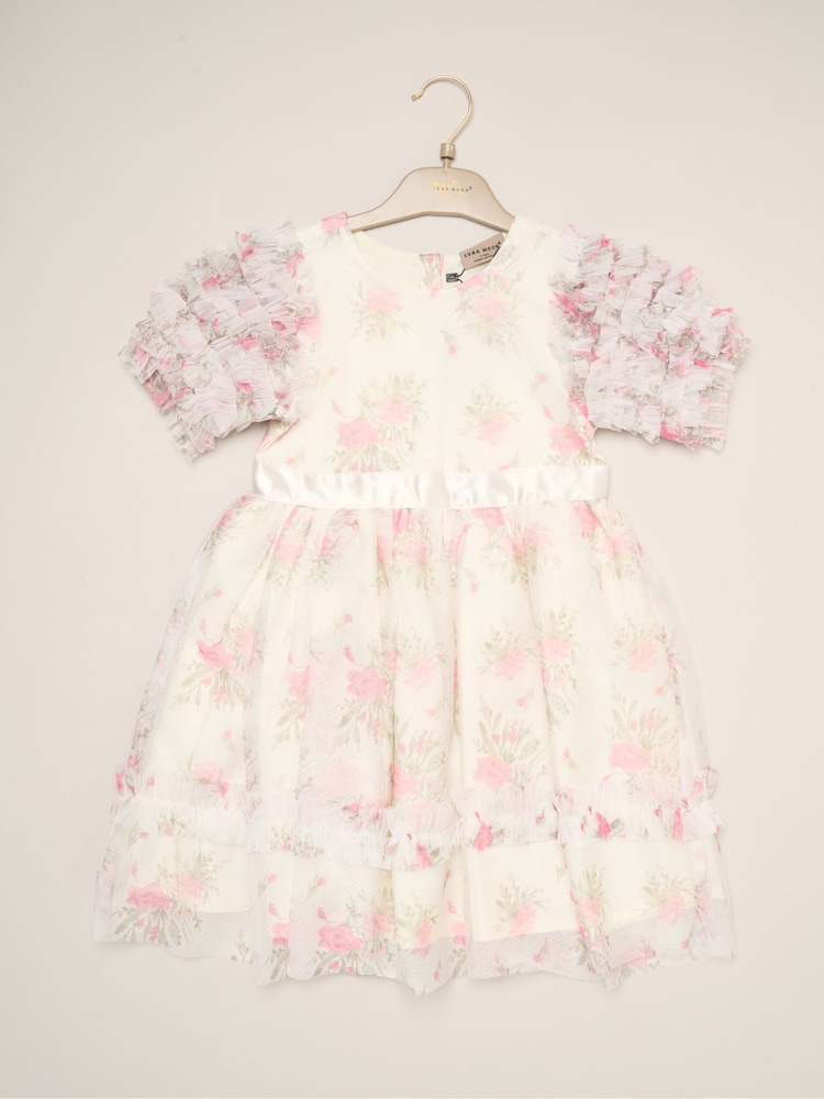 Miss White Floral Mesh Dress with Ruffle Sleeves - Image 2 of 3