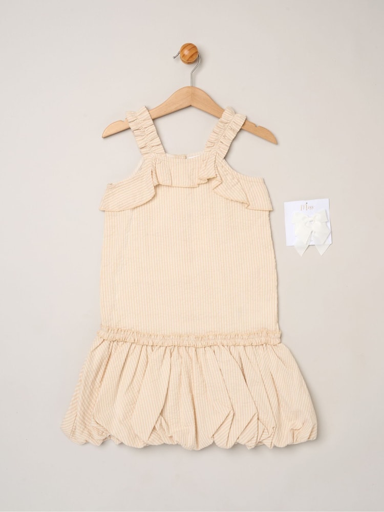 Miss Brown Striped Bubble Hem Dress with Frill and 2-Pack Hairclips - Image 1 of 5 Miss Brown Striped Bubble Hem Dress with Frill and 2-Pack Hairclips - Image 1 of 5