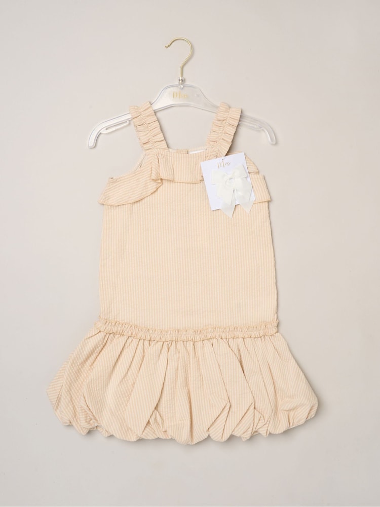 Miss Brown Striped Bubble Hem Dress with Frill and 2-Pack Hairclips - Image 2 of 5 Miss Brown Striped Bubble Hem Dress with Frill and 2-Pack Hairclips - Image 2 of 5