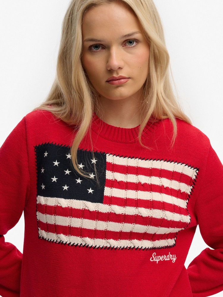 Superdry Red Athletic Essentials Americana Flag Crew Neck Knit Jumper - Image 1 of 6 Superdry Red Athletic Essentials Americana Flag Crew Neck Knit Jumper - Image 1 of 6