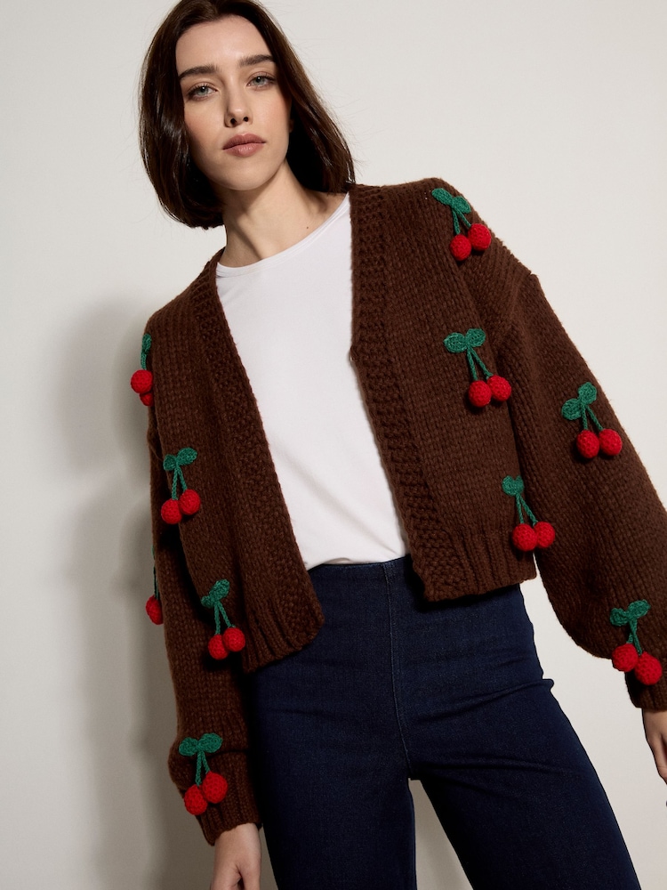 Apricot Brown Chunky Knit Cherry Cardigan - Image 1 of 4 Apricot Brown Chunky Knit Cherry Cardigan - Image 1 of 4