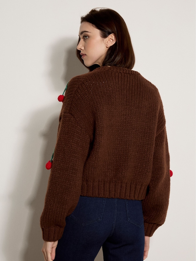 Apricot Brown Chunky Knit Cherry Cardigan - Image 2 of 4 Apricot Brown Chunky Knit Cherry Cardigan - Image 2 of 4