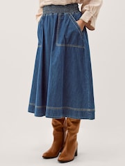Monsoon Blue Sophie Shirred Denim Midi Skirt - Image 4 of 6