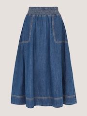Monsoon Blue Sophie Shirred Denim Midi Skirt - Image 6 of 6
