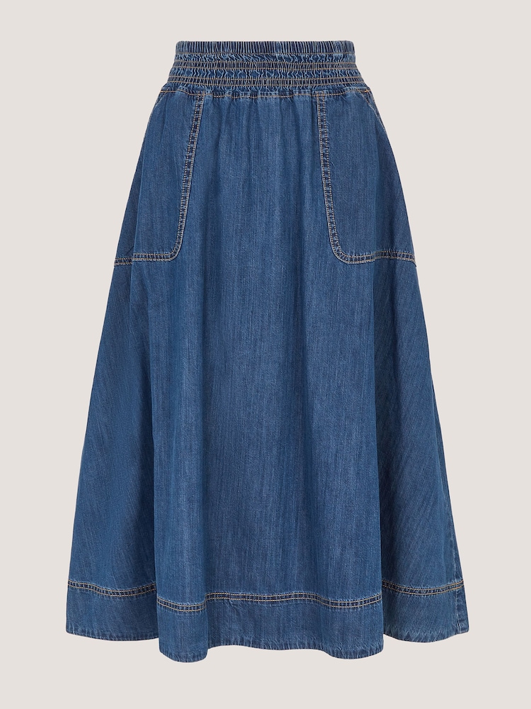 Monsoon Blue Sophie Shirred Denim Midi Skirt - Image 6 of 6