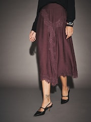 Burgundy Red Satin Asymmetric Midi Skirt with Lace Trim - Image 4 of 8