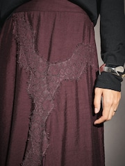 Burgundy Red Satin Asymmetric Midi Skirt with Lace Trim - Image 5 of 8