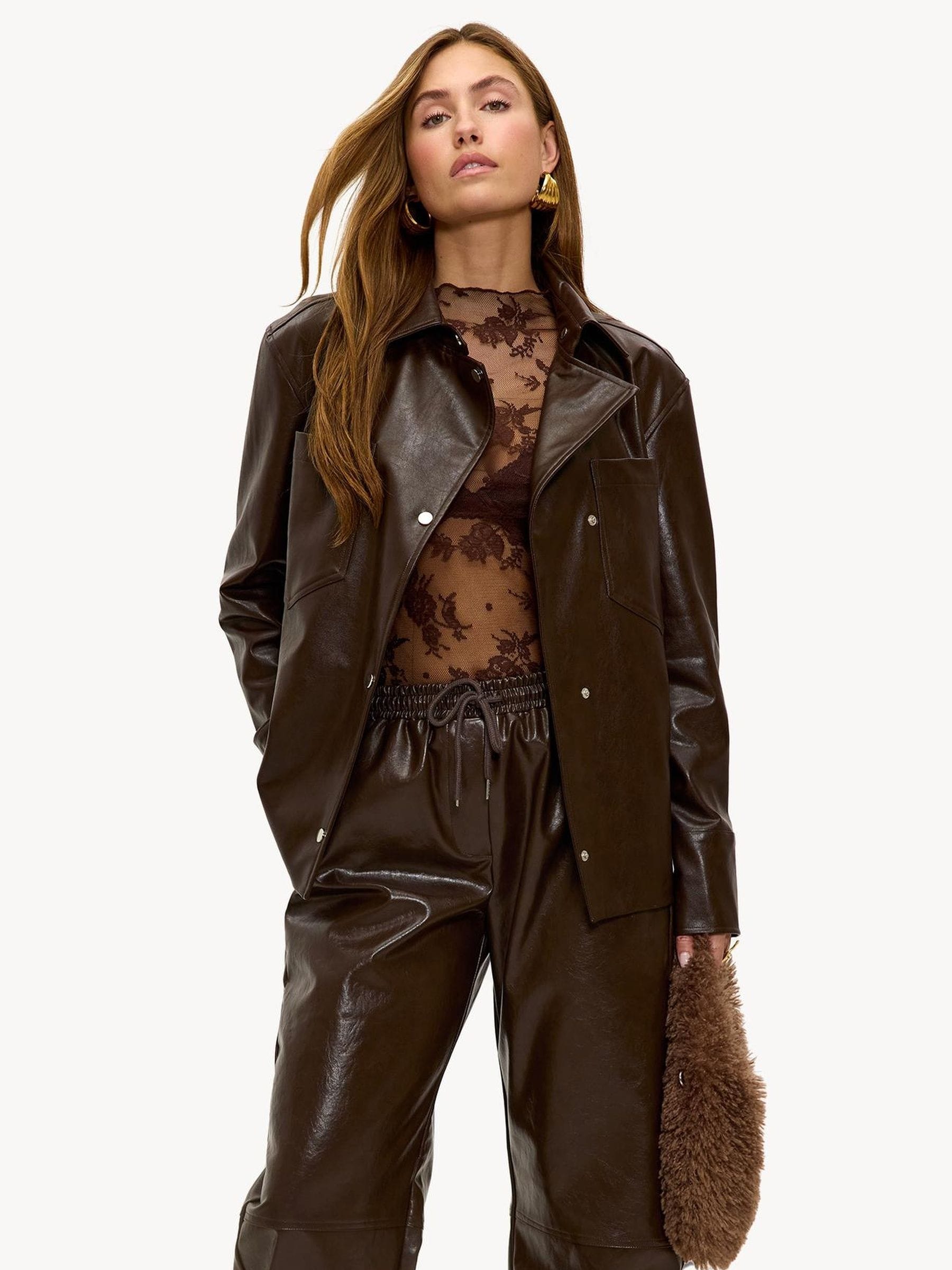 Buy LOAVIES Brown Oversized Faux Leather Jacket with Statment