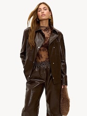 LOAVIES Brown Oversized Faux Leather Jacket with Statment Chest Pockets - Image 1 of 5