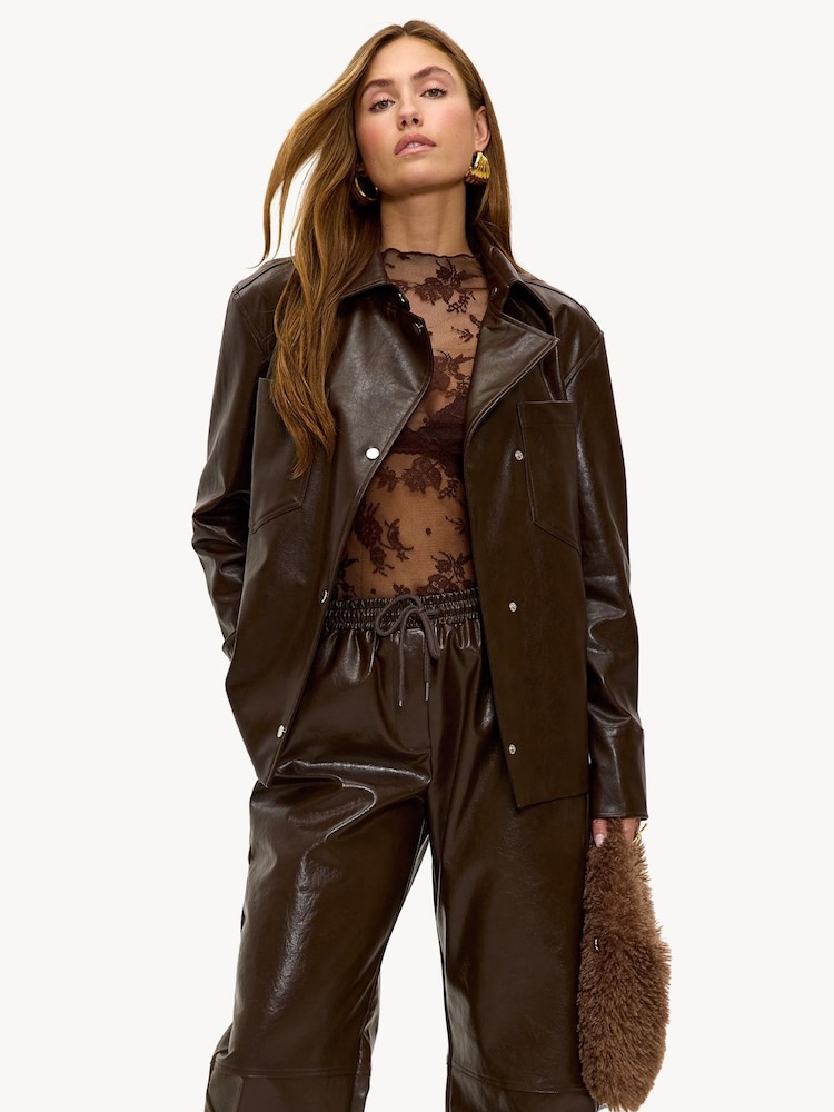 LOAVIES Brown Oversized Faux Leather Jacket with Statment Chest Pockets - Image 1 of 5