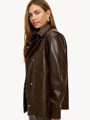 LOAVIES Brown Oversized Faux Leather Jacket with Statment Chest Pockets - Image 2 of 5