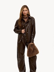 LOAVIES Brown Oversized Faux Leather Jacket with Statment Chest Pockets - Image 3 of 5