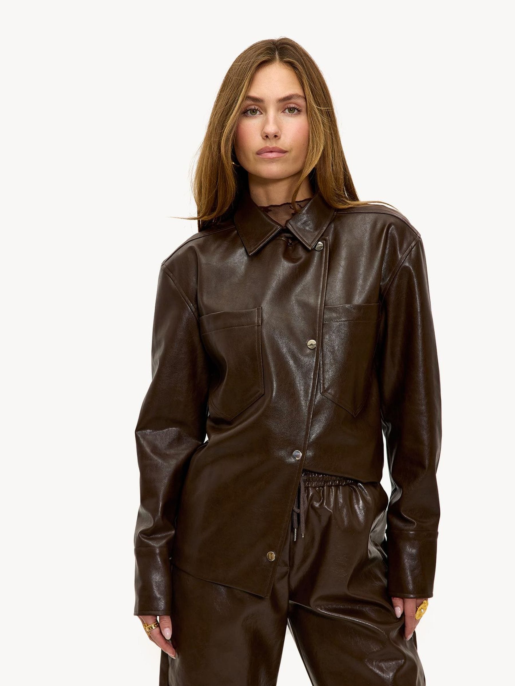 Buy LOAVIES Brown Oversized Faux Leather Jacket with Statment