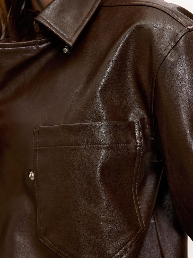LOAVIES Brown Oversized Faux Leather Jacket with Statment Chest Pockets - Image 5 of 5