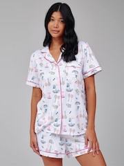 Loungeable Tennis Graphic Short Sleeve Shirt And Shorts Button Through Pyjama Set - Image 1 of 4