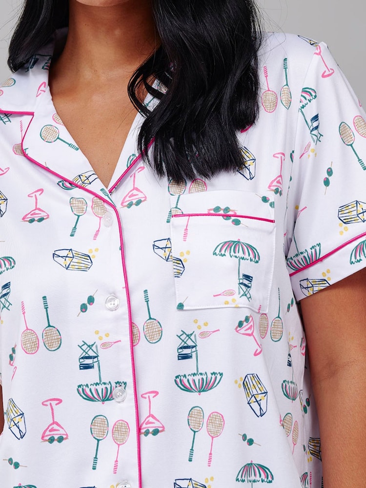 Loungeable Tennis Graphic Short Sleeve Shirt And Shorts Button Through Pyjama Set - Image 4 of 4 Loungeable Tennis Graphic Short Sleeve Shirt And Shorts Button Through Pyjama Set - Image 4 of 4