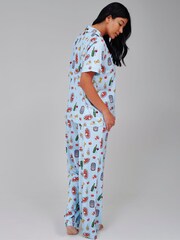 Loungeable Blue Pasta Food Graphic Short Sleeve Shirt And Trousers Button Through Pyjama Set - Image 2 of 5