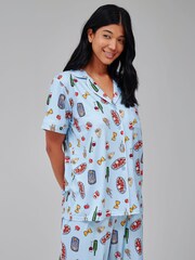 Loungeable Blue Pasta Food Graphic Short Sleeve Shirt And Trousers Button Through Pyjama Set - Image 4 of 5