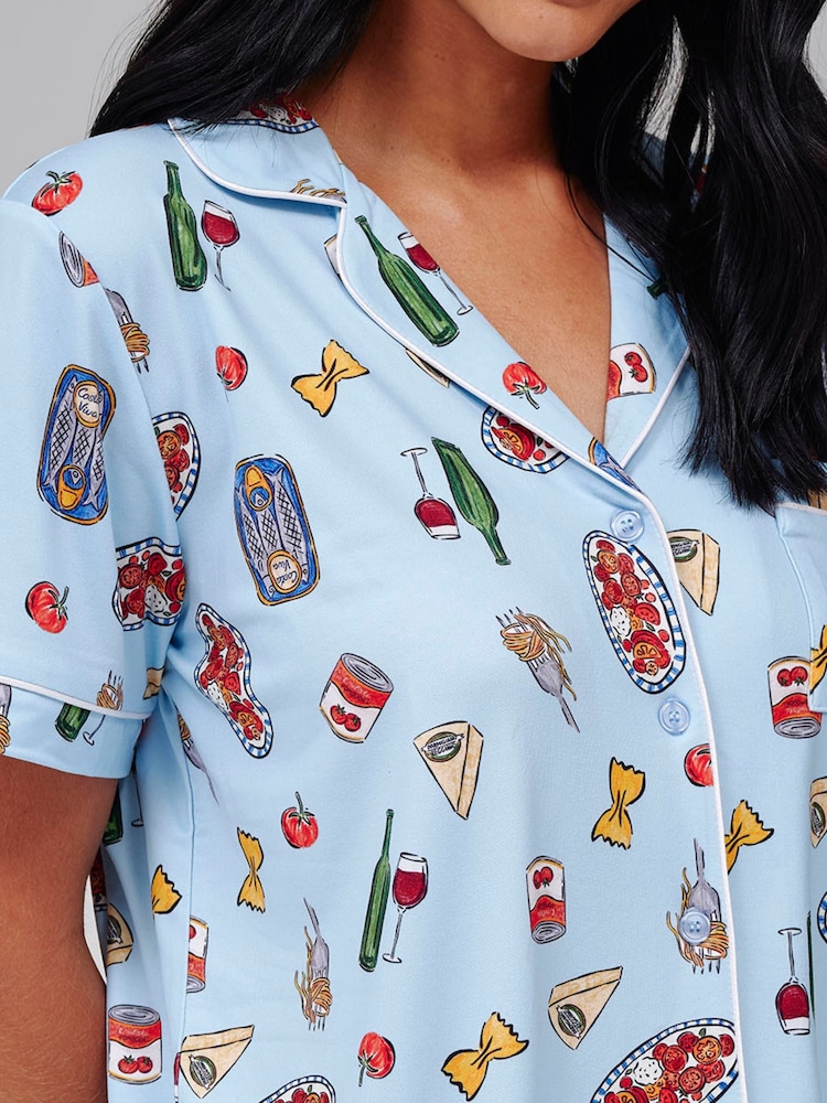 Loungeable Blue Pasta Food Graphic Short Sleeve Shirt And Trousers Button Through Pyjama Set - Image 5 of 5 Loungeable Blue Pasta Food Graphic Short Sleeve Shirt And Trousers Button Through Pyjama Set - Image 5 of 5