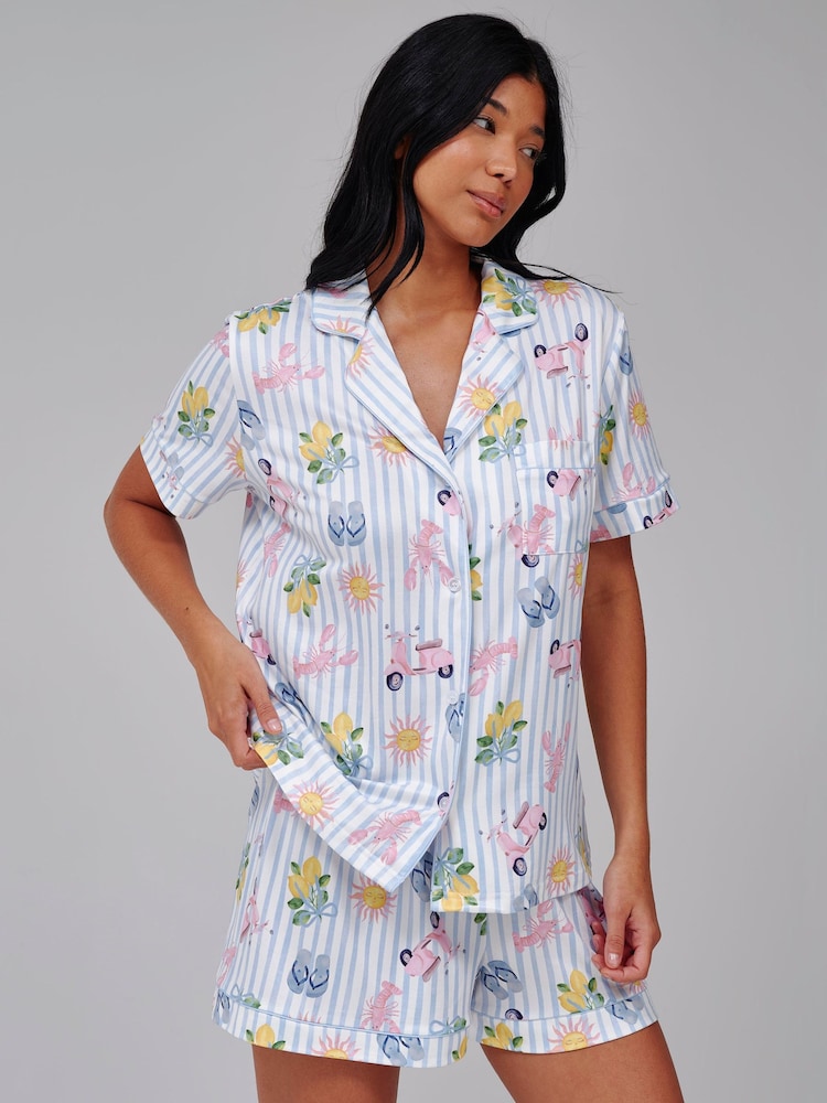 Loungeable Painted Holiday Graphic Stripe Short Sleeve Shirt And Shorts Pyjama Set - Bild 1 von 5 Loungeable Painted Holiday Graphic Stripe Short Sleeve Shirt And Shorts Pyjama Set - Bild 1 von 5