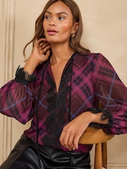 Love & Roses Berry Red Check Print Lace Insert Long Sleeve Blouse - Image 1 of 4