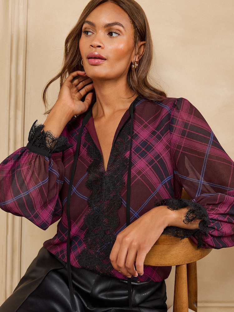 Love & Roses Berry Red Check Print Lace Insert Long Sleeve Blouse - Image 1 of 4 Love & Roses Berry Red Check Print Lace Insert Long Sleeve Blouse - Image 1 of 4