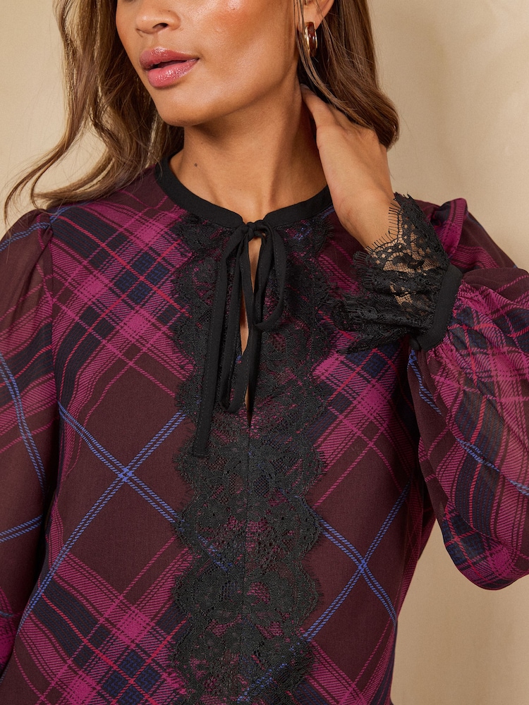 Love & Roses Berry Red Check Print Lace Insert Long Sleeve Blouse - Image 2 of 4 Love & Roses Berry Red Check Print Lace Insert Long Sleeve Blouse - Image 2 of 4