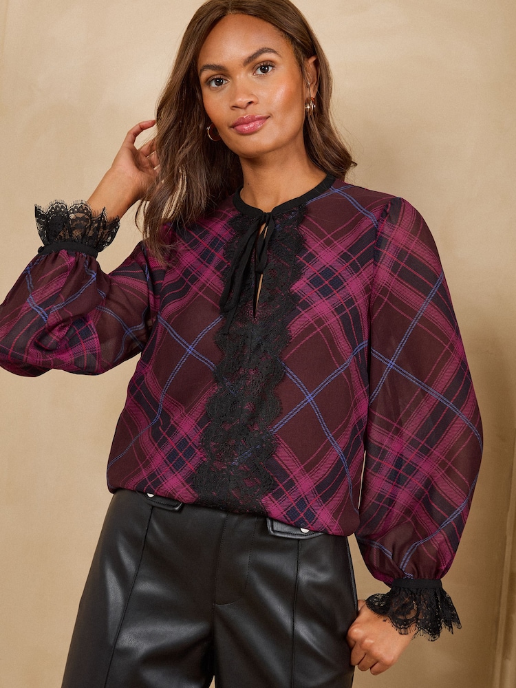 Love & Roses Berry Red Check Print Lace Insert Long Sleeve Blouse - Image 4 of 4 Love & Roses Berry Red Check Print Lace Insert Long Sleeve Blouse - Image 4 of 4