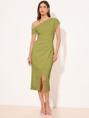 أخضر زيتوني - فستان متوسط الطول بخصر مُجمَّع بكتف مكشوفة من Lipsy - صورة 1 من 4