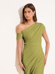 أخضر زيتوني - فستان متوسط الطول بخصر مُجمَّع بكتف مكشوفة من Lipsy - صورة 2 من 4